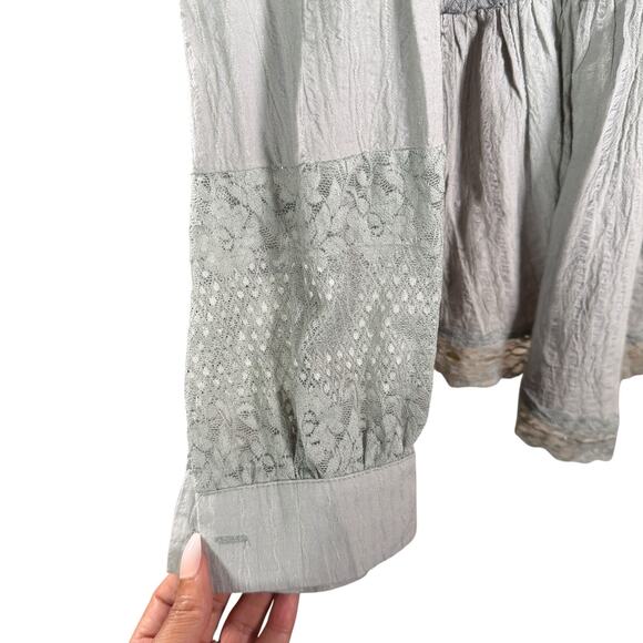 POL Cotton Lace Button Front Tunic Top Gray | Peasant Boho Blouse | Small - Picture 9 of 12